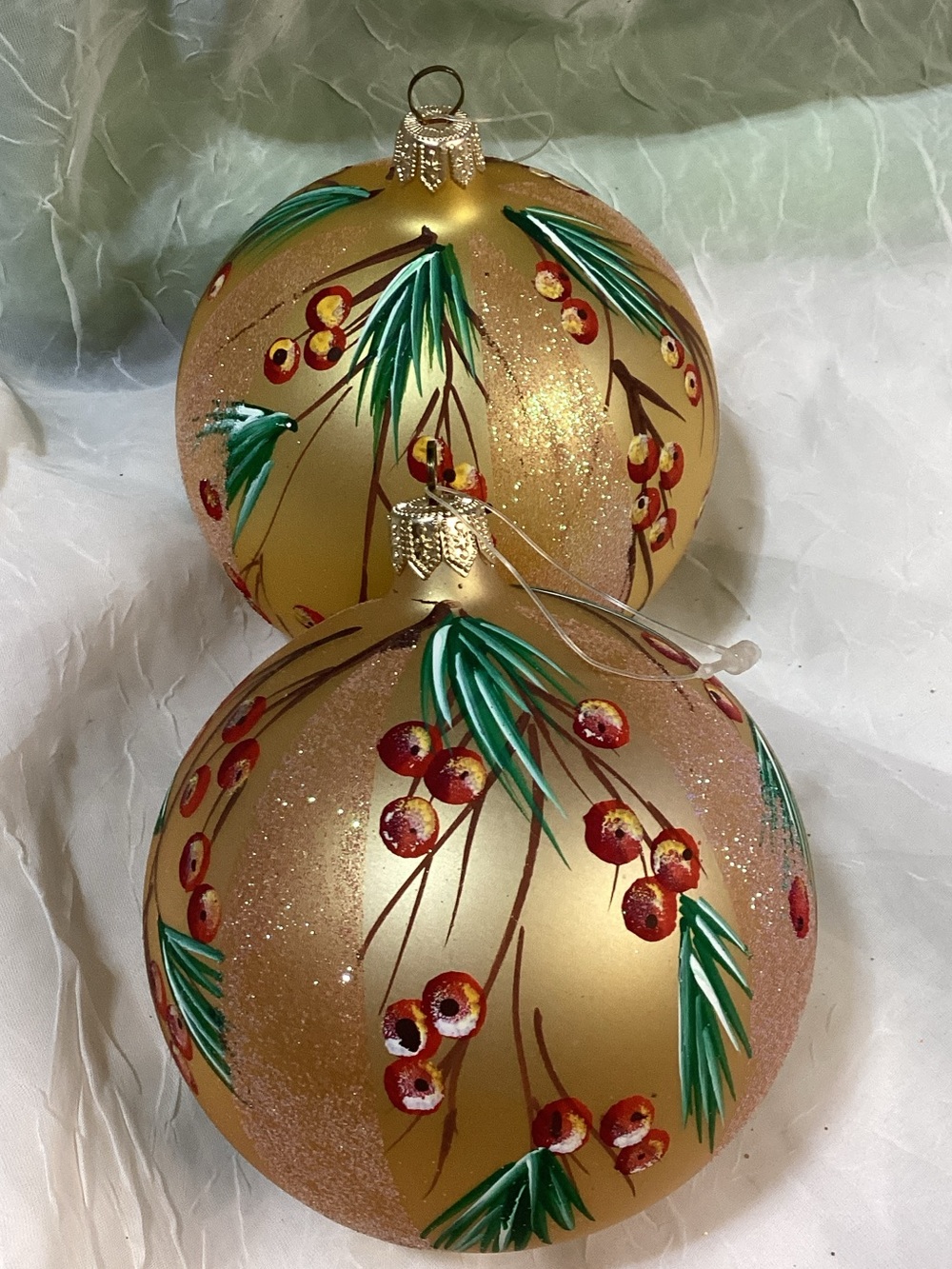 Hand-Painted Gold Glitter Holiday Pine Tree Themed Ornament Set Larger Size